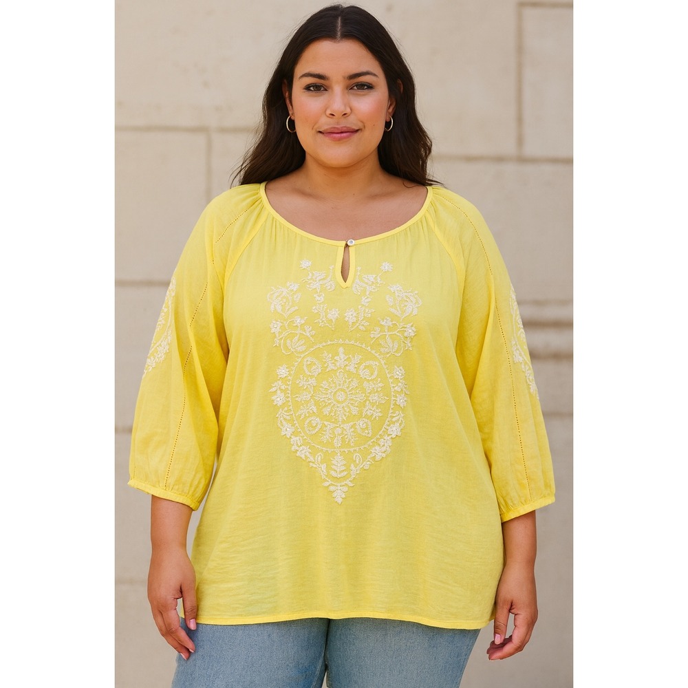 Chico's Eyelet Embroidered Tunic Blouse Top Canary Yellow Size 3 large‎